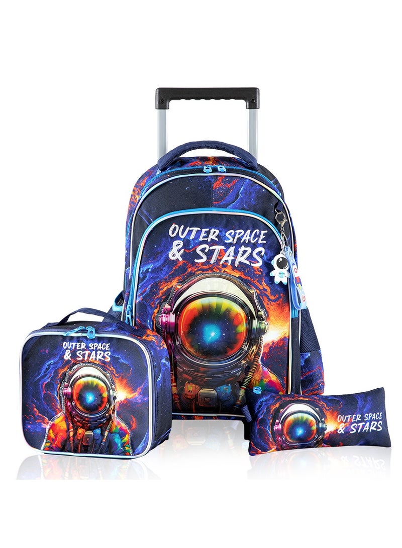 18 Inch Set Of 4 Trolley School Bag With Bento Lunch Box Lunch Bag and Pencil Case - Outer Space Blue