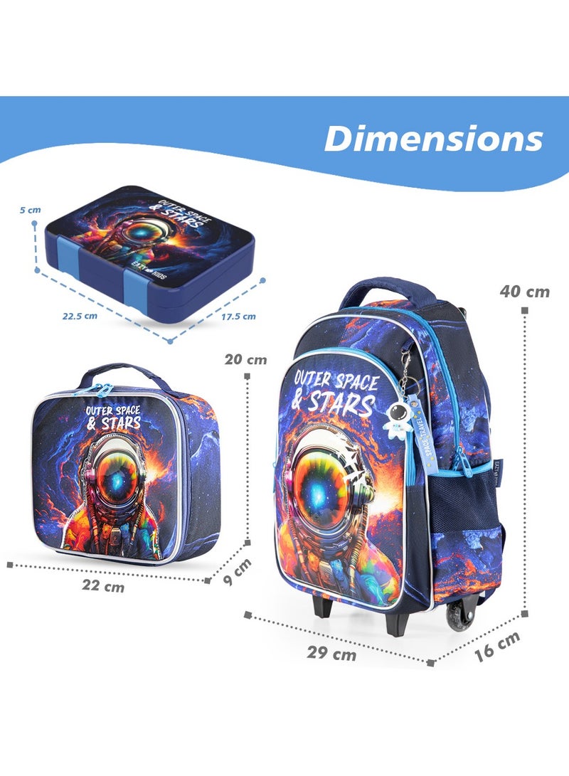 18 Inch Set Of 4 Trolley School Bag With Bento Lunch Box Lunch Bag and Pencil Case - Outer Space Blue