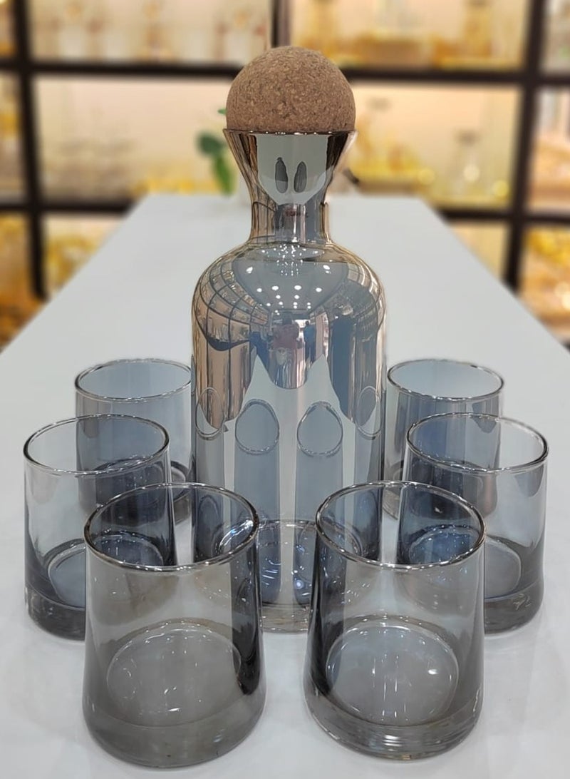 Elegant Glass Decanter Set With Cork Stopper Includes Six Matching Glasses Perfect For Serving Beverages In Style