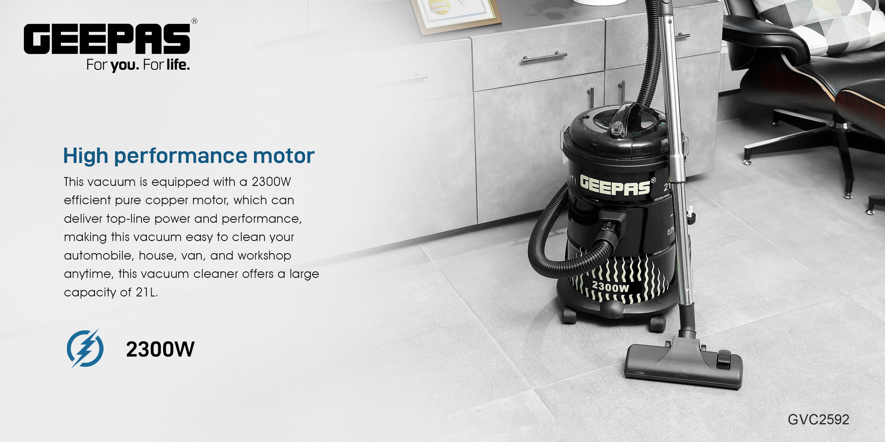 Drum Vacuum Cleaner With 25 L Dust Bag Capacity with Elegant Body, Iron Tank/ Powerful Suction, Dry and Blow Function, Full Indicator/ Perfect for Home, Office, Apartments/ 2 Years Warranty 25 L 2300 W GVC2592N Black