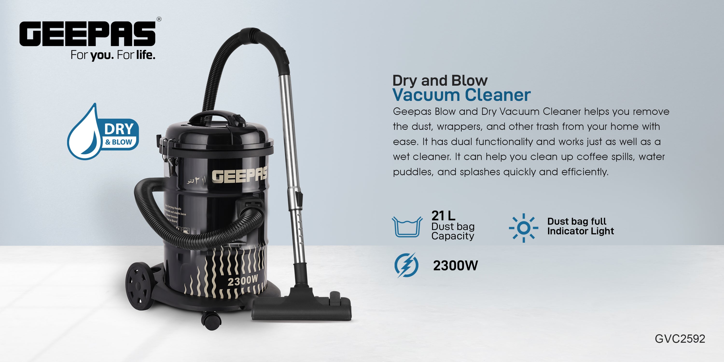 Drum Vacuum Cleaner With 25 L Dust Bag Capacity with Elegant Body, Iron Tank/ Powerful Suction, Dry and Blow Function, Full Indicator/ Perfect for Home, Office, Apartments/ 2 Years Warranty 25 L 2300 W GVC2592N Black