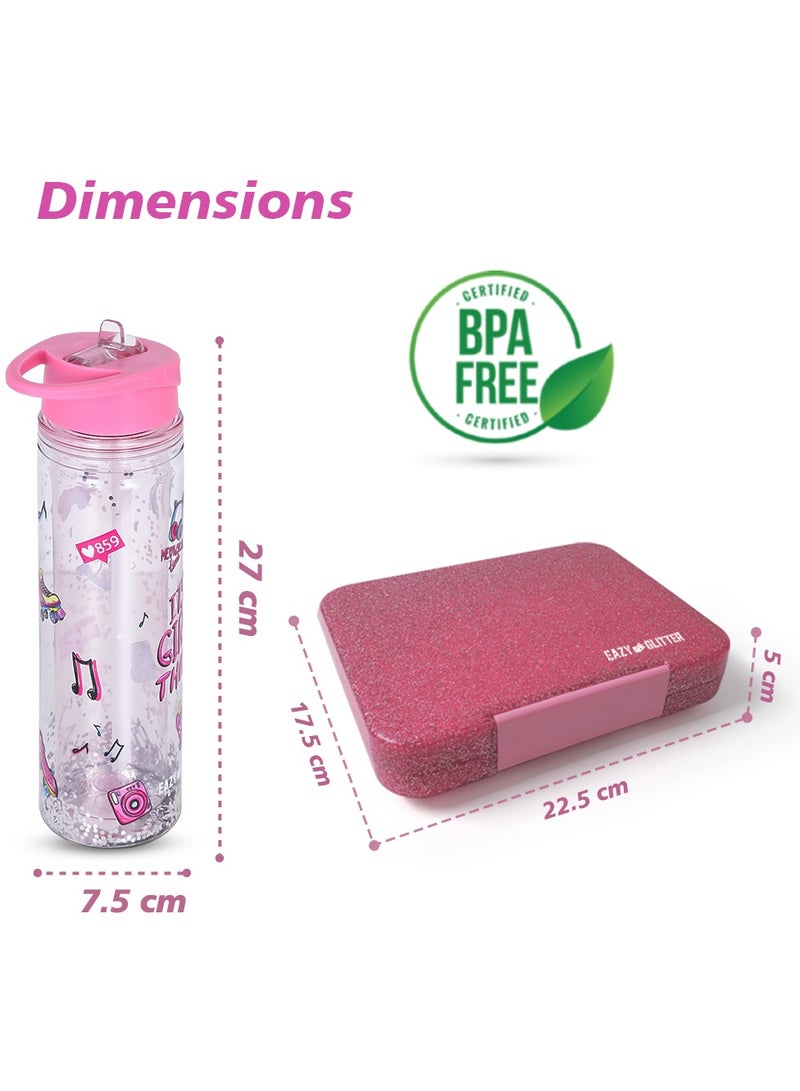 6 And 4 Convertible Bento Lunch Box with 550ml Double Wall Water Bottle and Spoon Fork Set - Glitter Pink