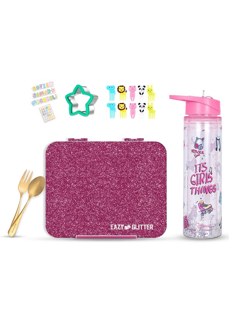 6 And 4 Convertible Bento Lunch Box with 550ml Double Wall Water Bottle and Spoon Fork Set - Glitter Pink