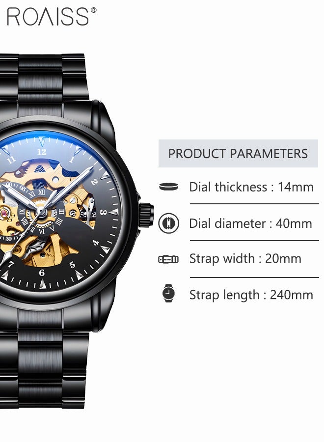 Men's Stainless Steel Strap Mechanical Watch Analog Display Round Black Dial with Hollow Pattern Decoration Waterproof Luminous Business Wristwatch as Gift for Men