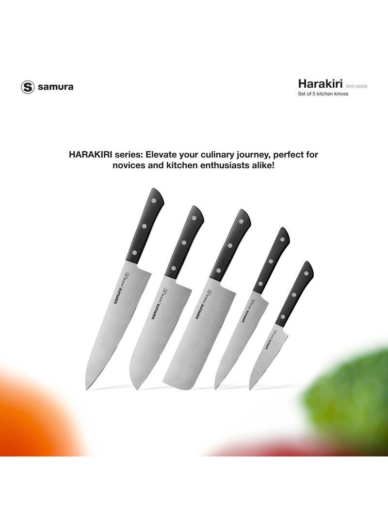 Samura Harakiri Set of 5 Kitchen Knives | Black | Paring, Utility, Nakiri, Santoku, Chef's Knife | AUS-8 Stainless Steel Blade | ABS Plastic Handles | Easy To Use | Lightweight | Corrosion Resistant