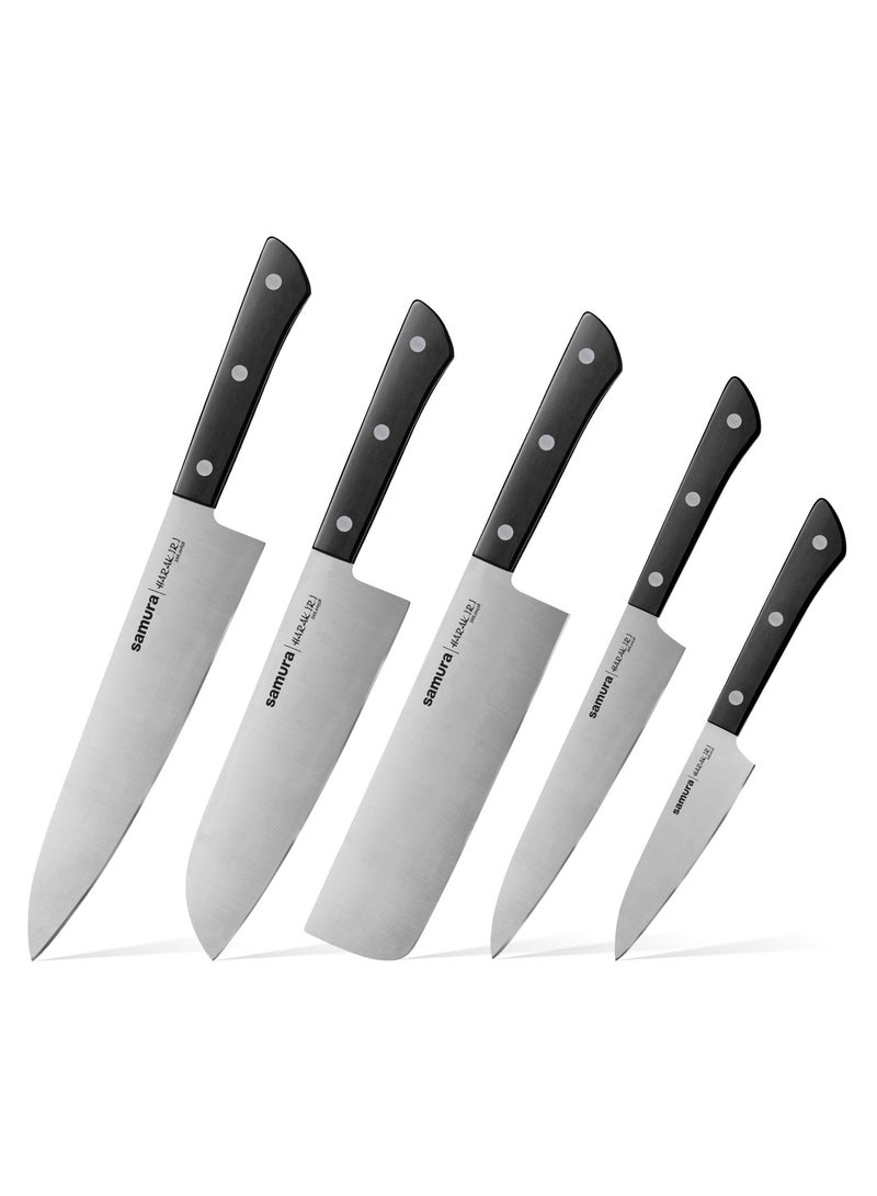 Samura Harakiri Set of 5 Kitchen Knives | Black | Paring, Utility, Nakiri, Santoku, Chef's Knife | AUS-8 Stainless Steel Blade | ABS Plastic Handles | Easy To Use | Lightweight | Corrosion Resistant