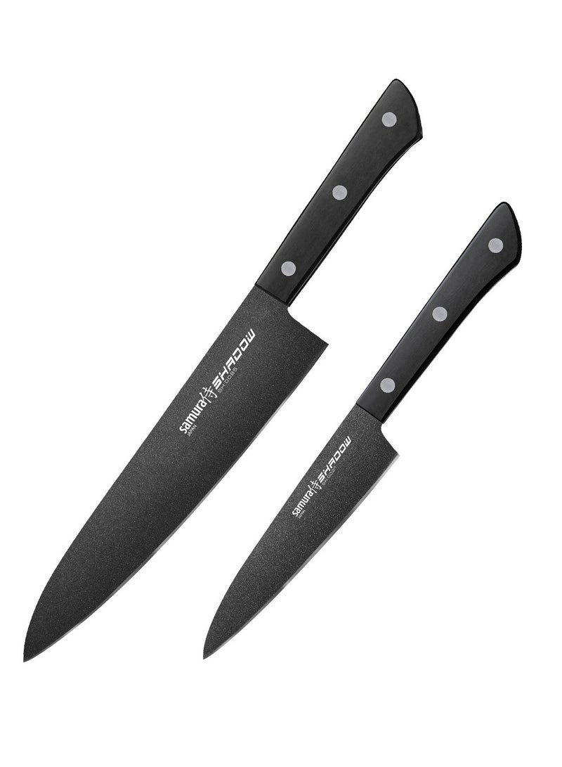 Samura SHADOW Set of 2 Kitchen Knives | Chef's Knife, Utility Knife | AUS-8 Stainless steel with Black Non-Stick Coating | ABS Plastic Handle | Durable | Heat Resistant | Comfortable | Easy Grip