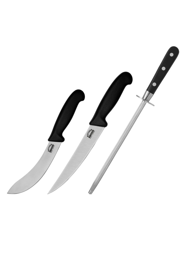 Samura Butcher Kitchen Knives Set of 2 | Skinning Knife, Butcher Knife, Honing Rod, Bag | AUS-8 Stainless Steel Blades | Professional Grade | Precision Cutting | Hardness 58-59 HRC | Anti Slip