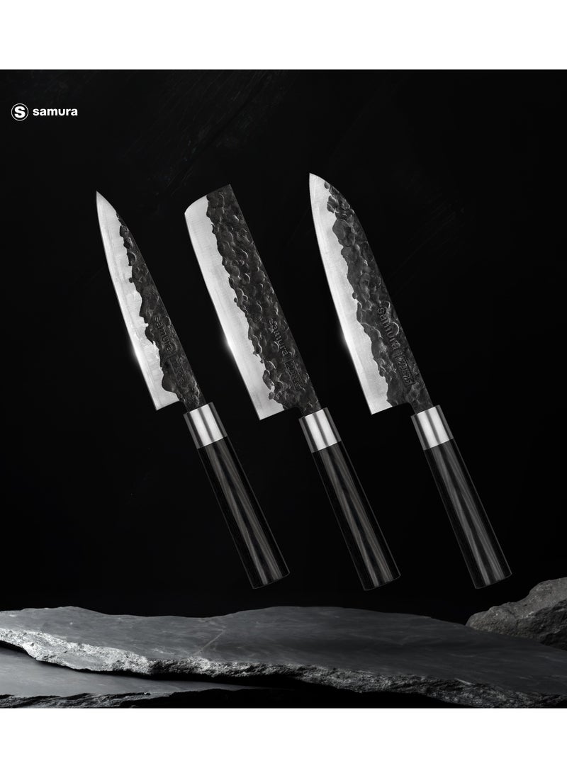 Samura Blacksmith Kitchen Knives Set of 3 | Utility Knife, Nakiri Knife, Santoku Knife | High Carbon Hammered Steel | Professional Grade | Precision Cutting | Handmade | Hardness 58-59 HRC