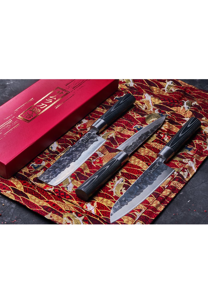 Samura Blacksmith Kitchen Knives Set of 3 | Utility Knife, Nakiri Knife, Santoku Knife | High Carbon Hammered Steel | Professional Grade | Precision Cutting | Handmade | Hardness 58-59 HRC