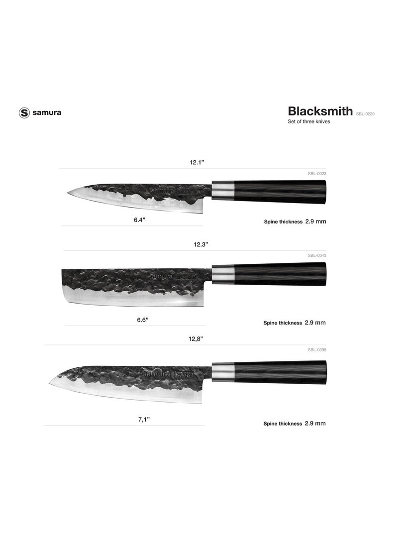 Samura Blacksmith Kitchen Knives Set of 3 | Utility Knife, Nakiri Knife, Santoku Knife | High Carbon Hammered Steel | Professional Grade | Precision Cutting | Handmade | Hardness 58-59 HRC