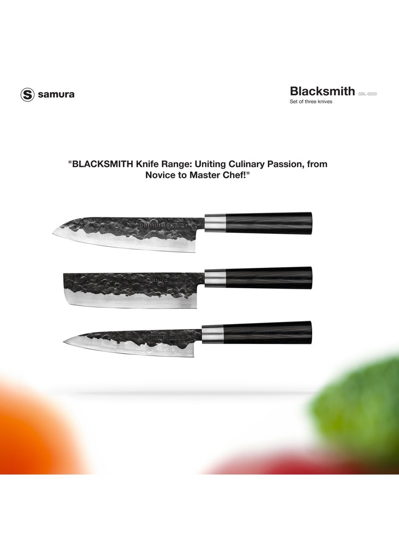 Samura Blacksmith Kitchen Knives Set of 3 | Utility Knife, Nakiri Knife, Santoku Knife | High Carbon Hammered Steel | Professional Grade | Precision Cutting | Handmade | Hardness 58-59 HRC