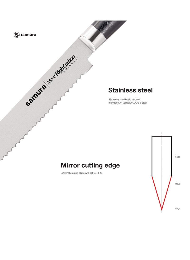 Samura MO-V Bread Knife | 9 Inch Blade | G-10 Handle with Stainless Steel Bolster | Single-Layer Molybdenum-Vanadium Steel | Precision Cutting | Corrosion Resistant