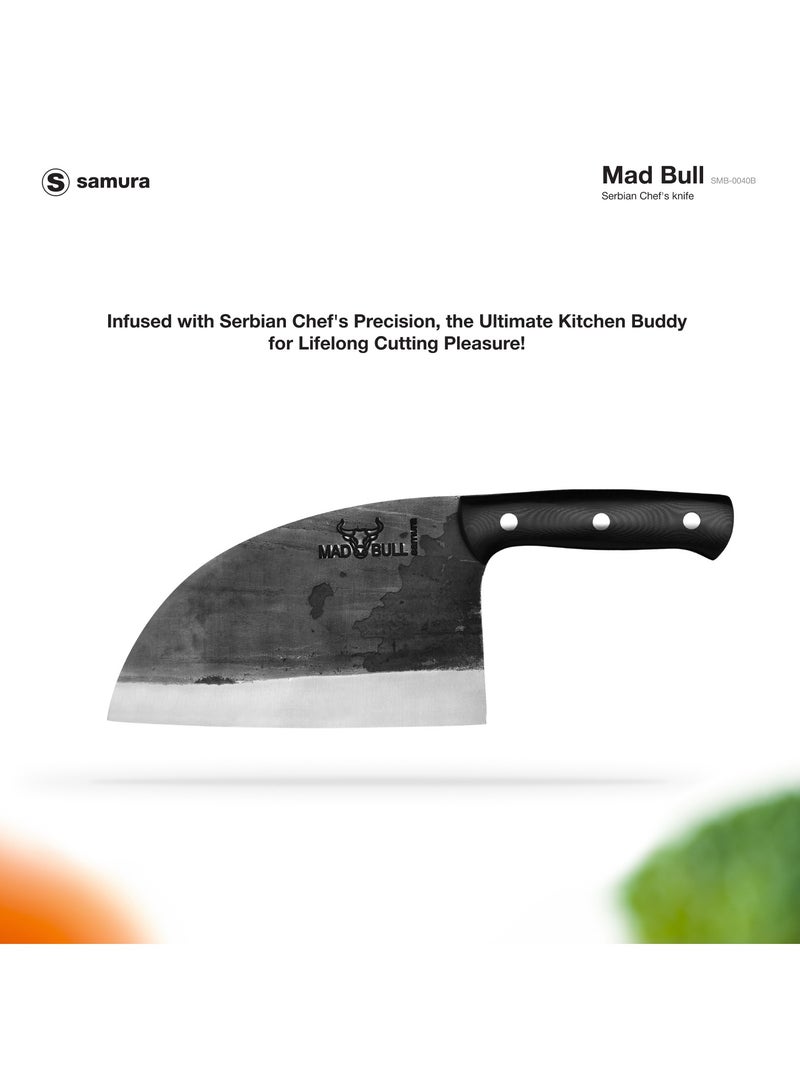 Samura Mad Bull Serbian Chef’s Knife Black Handle | 7 Inch Handle | Durable | AUS-8 Hammered Stainless Steel | G-10 Handle Material | Hand Forged | Precison Cutting