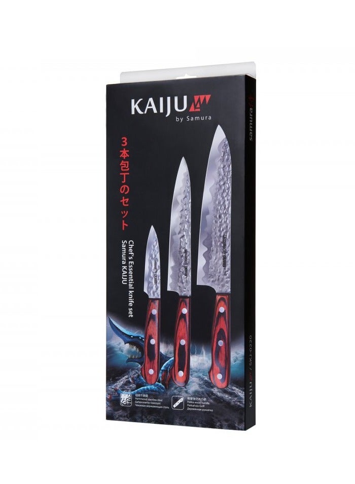 Samura Kaiju Set of 3 Kitchen Knives | Paring Knife, Utility Knife, Chef's Knife | Pakka Woode Handles | Hammered Steel | Polished Edge | Chromium Blades | Corrosion Resistant