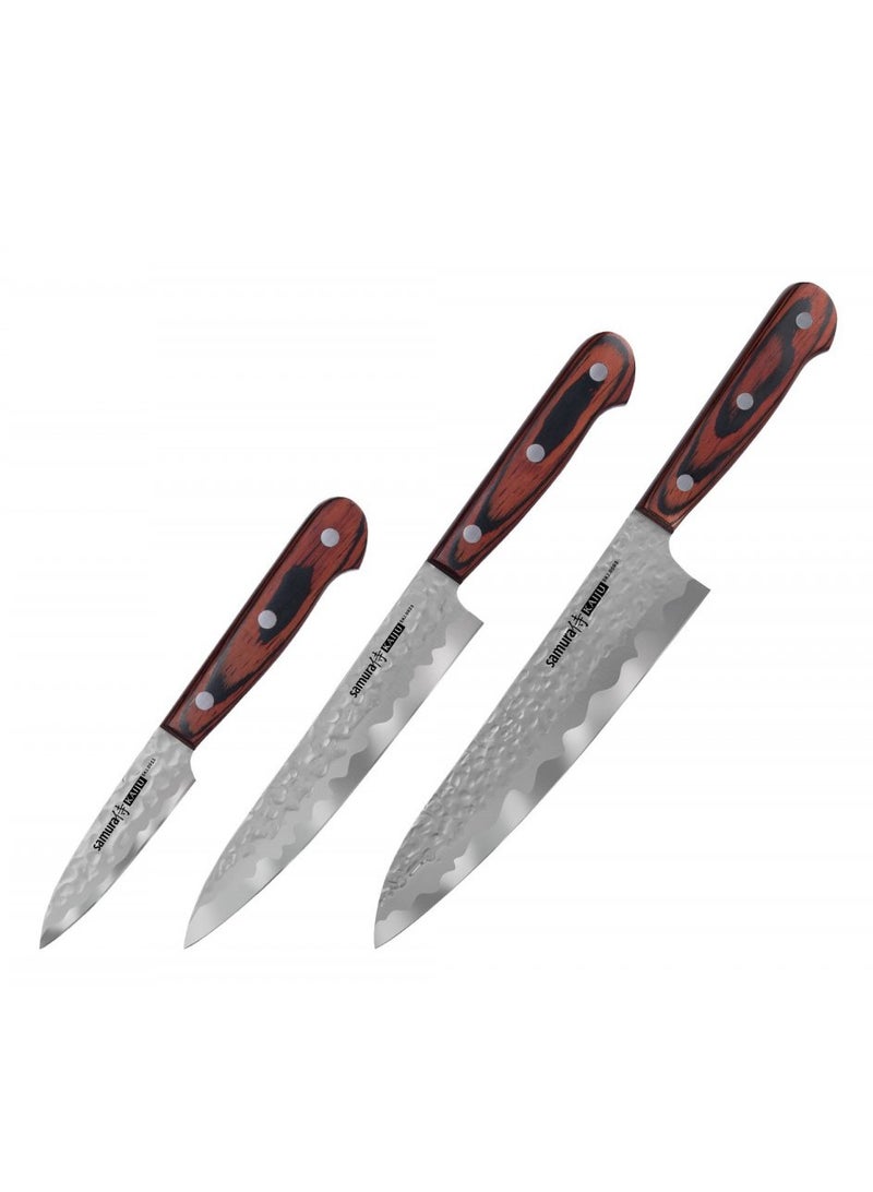 Samura Kaiju Set of 3 Kitchen Knives | Paring Knife, Utility Knife, Chef's Knife | Pakka Woode Handles | Hammered Steel | Polished Edge | Chromium Blades | Corrosion Resistant