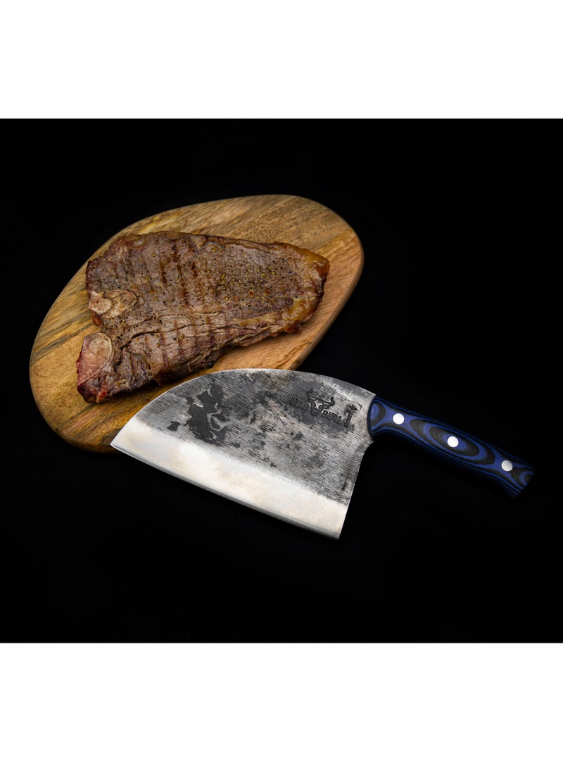 Samura Mad Bull Serbian Chef’s Knife with Black & Blue Handle | 7 Inch Handle | Durable | AUS-8 Hammered Stainless Steel | G-10 Handle Material | Hand Forged | Precison Cutting
