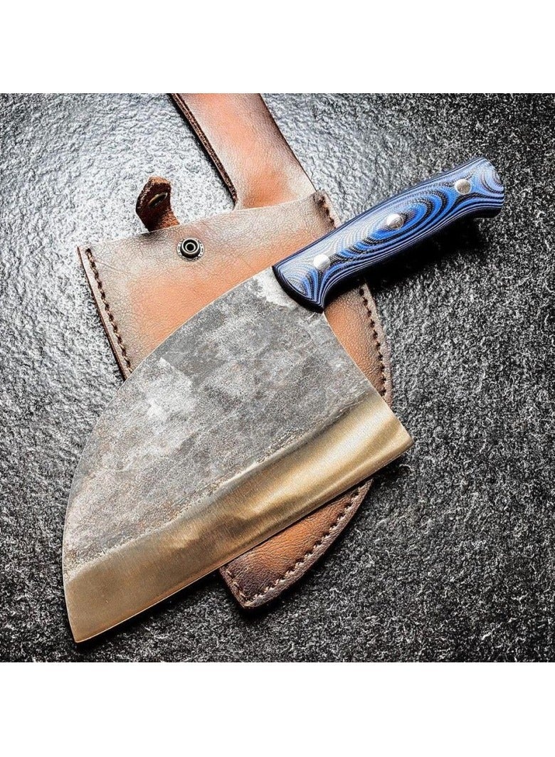 Samura Mad Bull Serbian Chef’s Knife with Black & Blue Handle | 7 Inch Handle | Durable | AUS-8 Hammered Stainless Steel | G-10 Handle Material | Hand Forged | Precison Cutting