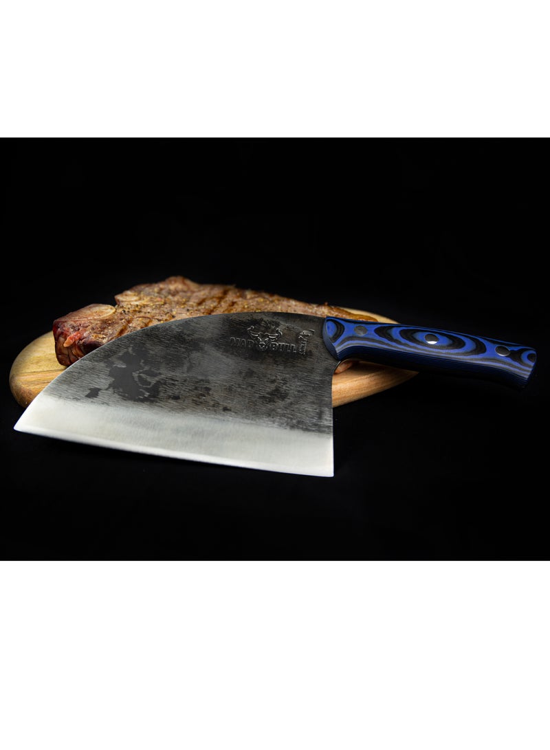 Samura Mad Bull Serbian Chef’s Knife with Black & Blue Handle | 7 Inch Handle | Durable | AUS-8 Hammered Stainless Steel | G-10 Handle Material | Hand Forged | Precison Cutting