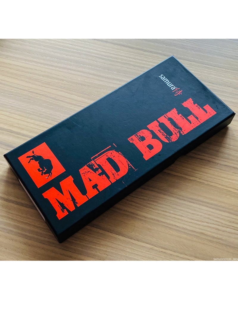 Samura Mad Bull Serbian Chef’s Knife with Black & Blue Handle | 7 Inch Handle | Durable | AUS-8 Hammered Stainless Steel | G-10 Handle Material | Hand Forged | Precison Cutting