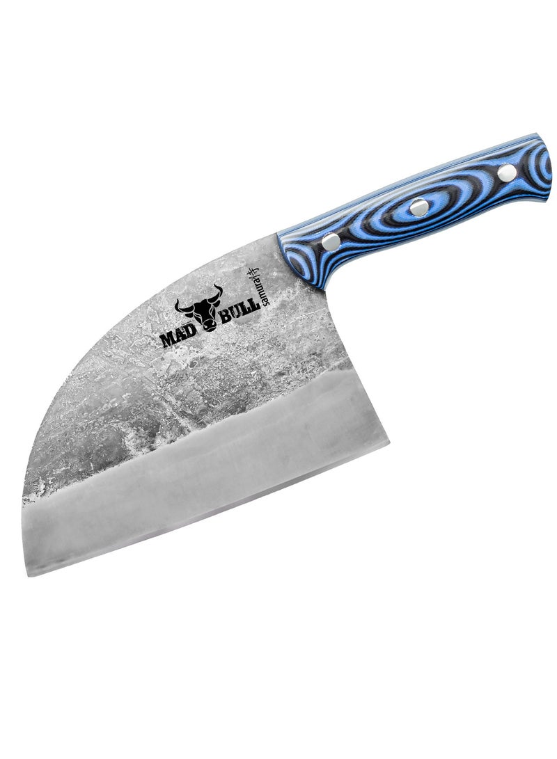 Samura Mad Bull Serbian Chef’s Knife with Black & Blue Handle | 7 Inch Handle | Durable | AUS-8 Hammered Stainless Steel | G-10 Handle Material | Hand Forged | Precison Cutting