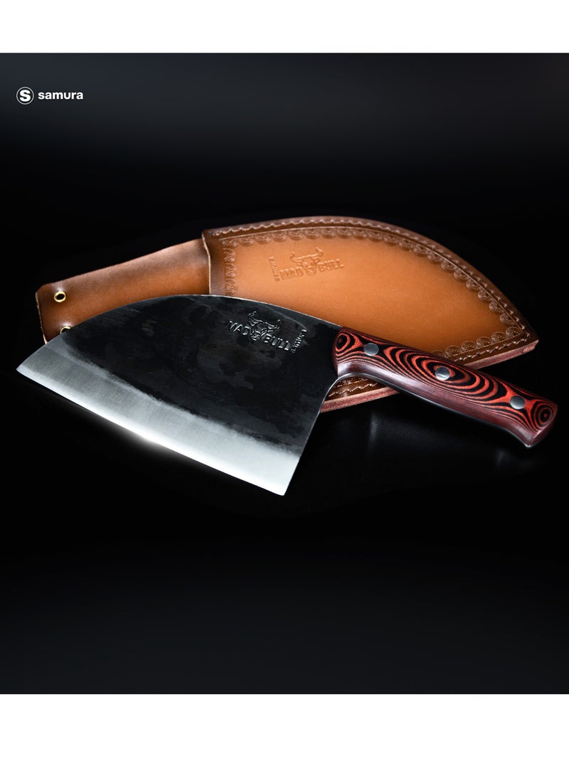 Samura Mad Bull Serbian Chef’s Knife | Black & Red Handle | 7 Inch Handle | Durable | AUS-8 Hammered Stainless Steel | G-10 Handle Material | Hand Forged | Precison Cutting