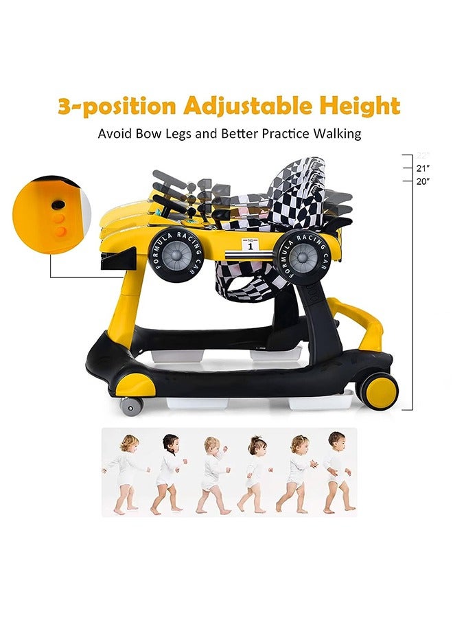 4 In 1 Foldable Baby Walker With 3 Adjustable Heights, Smooth Wheels, Adjustable Speed, Padded Seat, Music And Lights, 6 Months +, Yellow