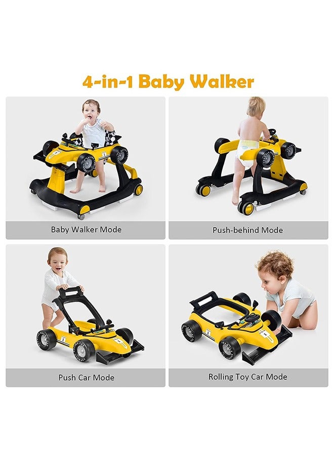 4 In 1 Foldable Baby Walker With 3 Adjustable Heights, Smooth Wheels, Adjustable Speed, Padded Seat, Music And Lights, 6 Months +, Yellow