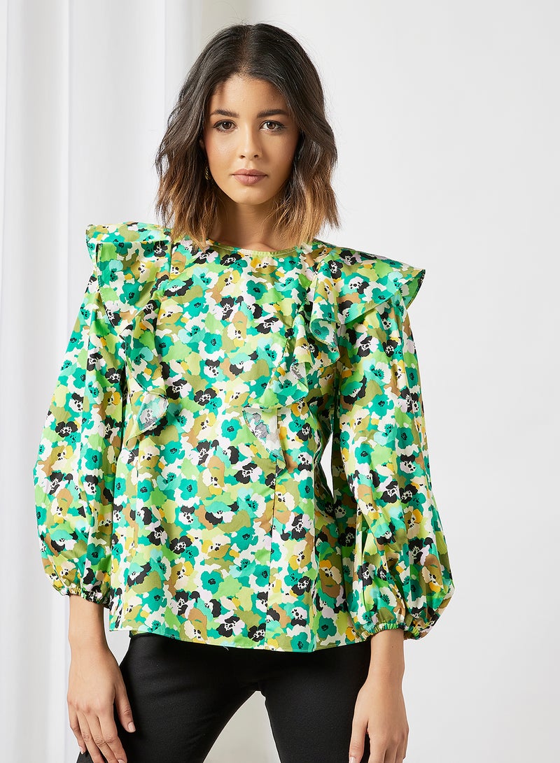 Printed Balloon Sleeve Top Green