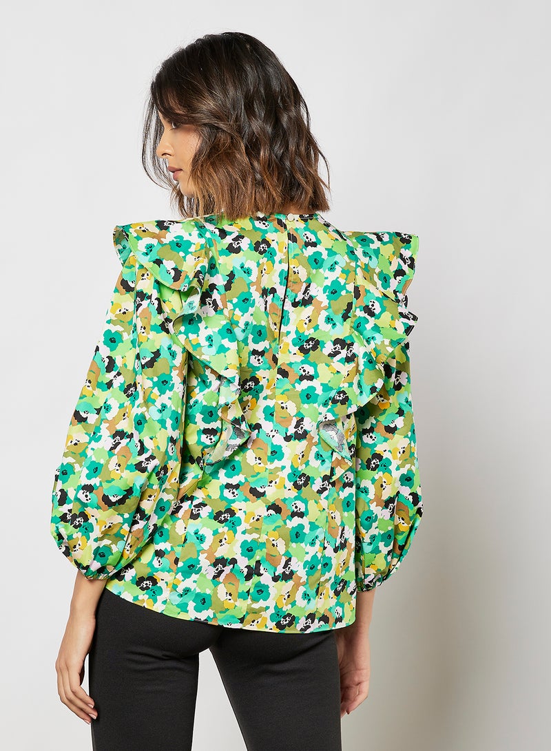 Printed Balloon Sleeve Top Green