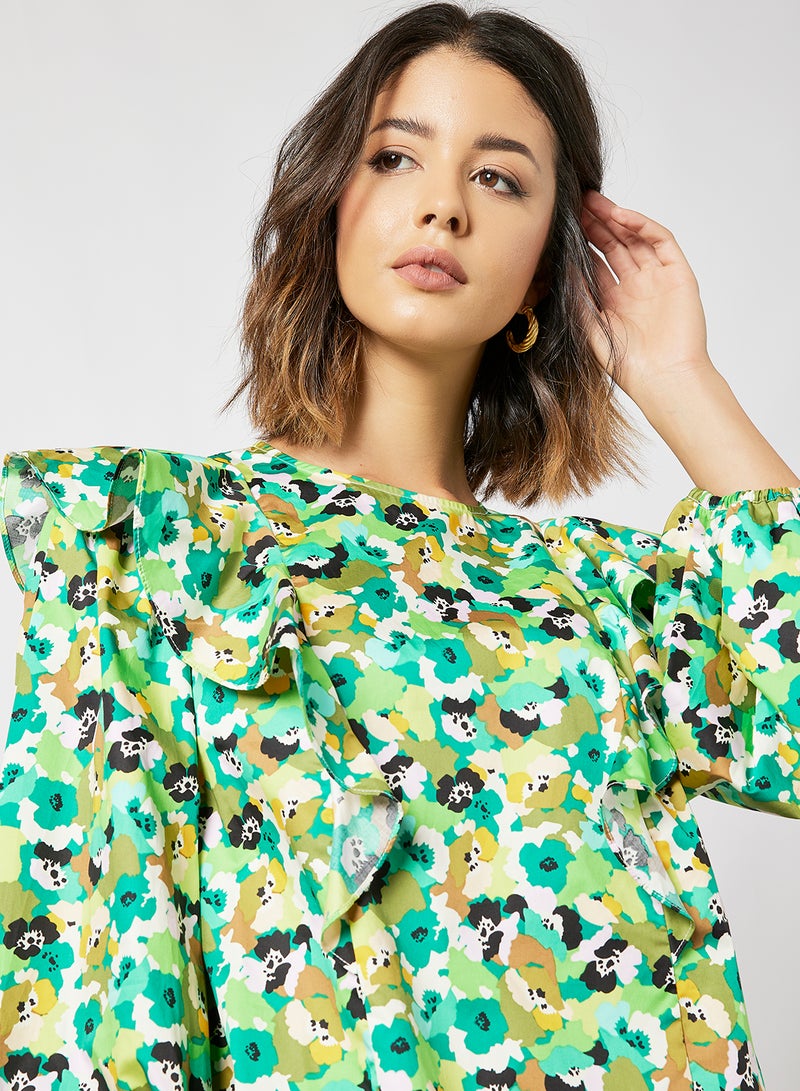 Printed Balloon Sleeve Top Green