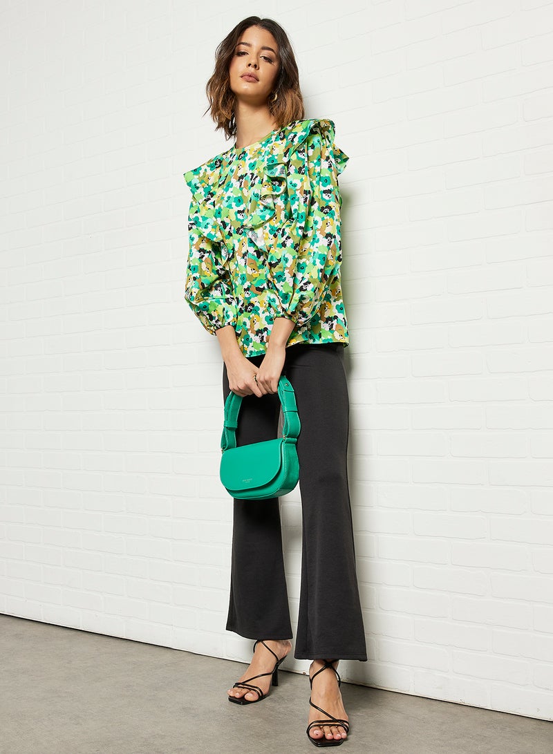 Printed Balloon Sleeve Top Green