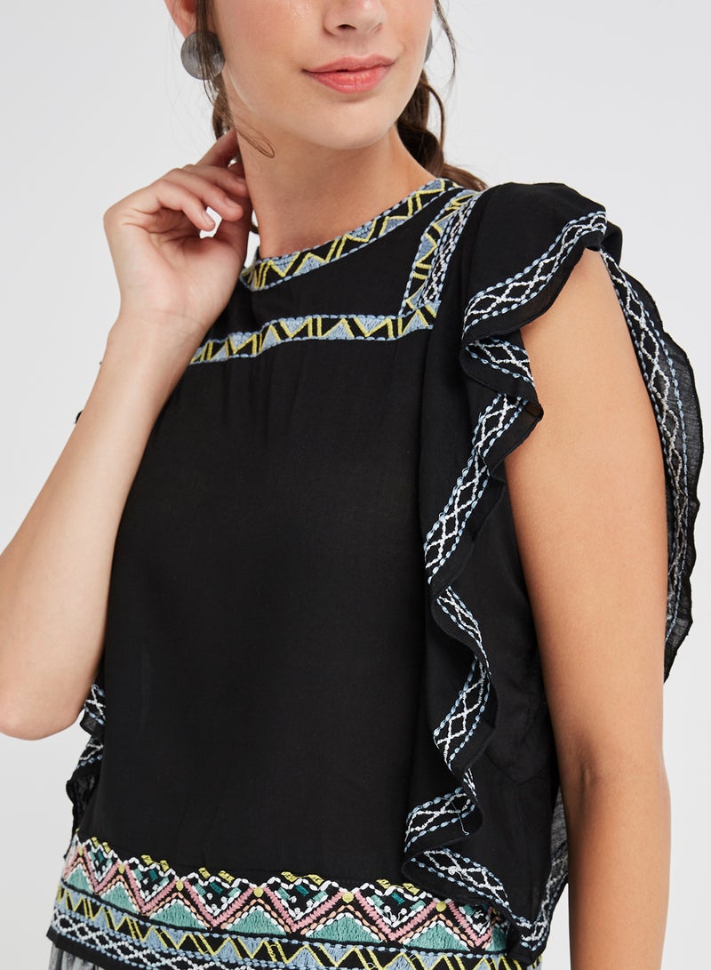 West Aztec Frill Top Black