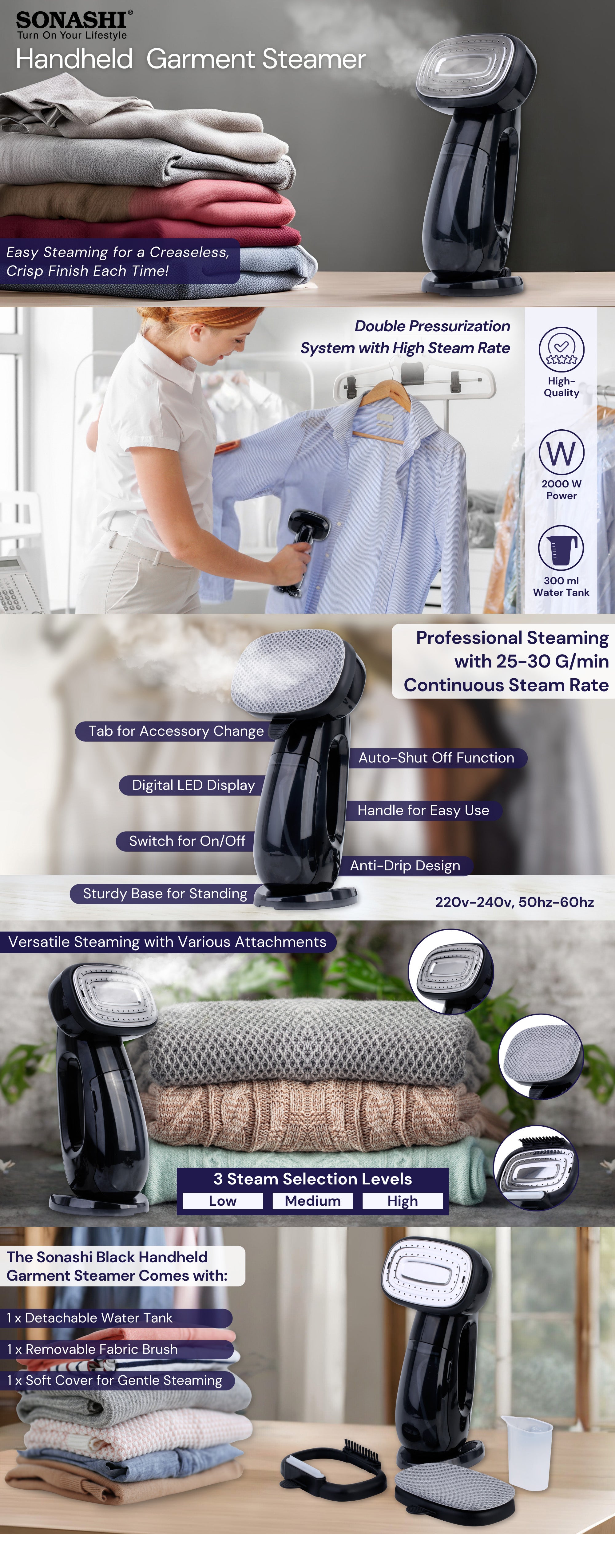 Garment Steamer With Digital LED Display | 3 Level Steams - Low/Medium/High | Continuous Work -30 Min With Auto-Shut Off Function | Detachable Tank Capacity & Removable Fabric Brush 300 ml 2000 W SGS-323 Black