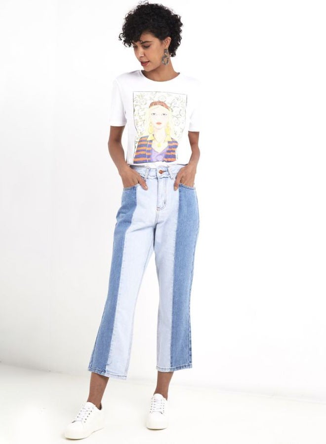 Two Tone Cropped Jeans Blue/White