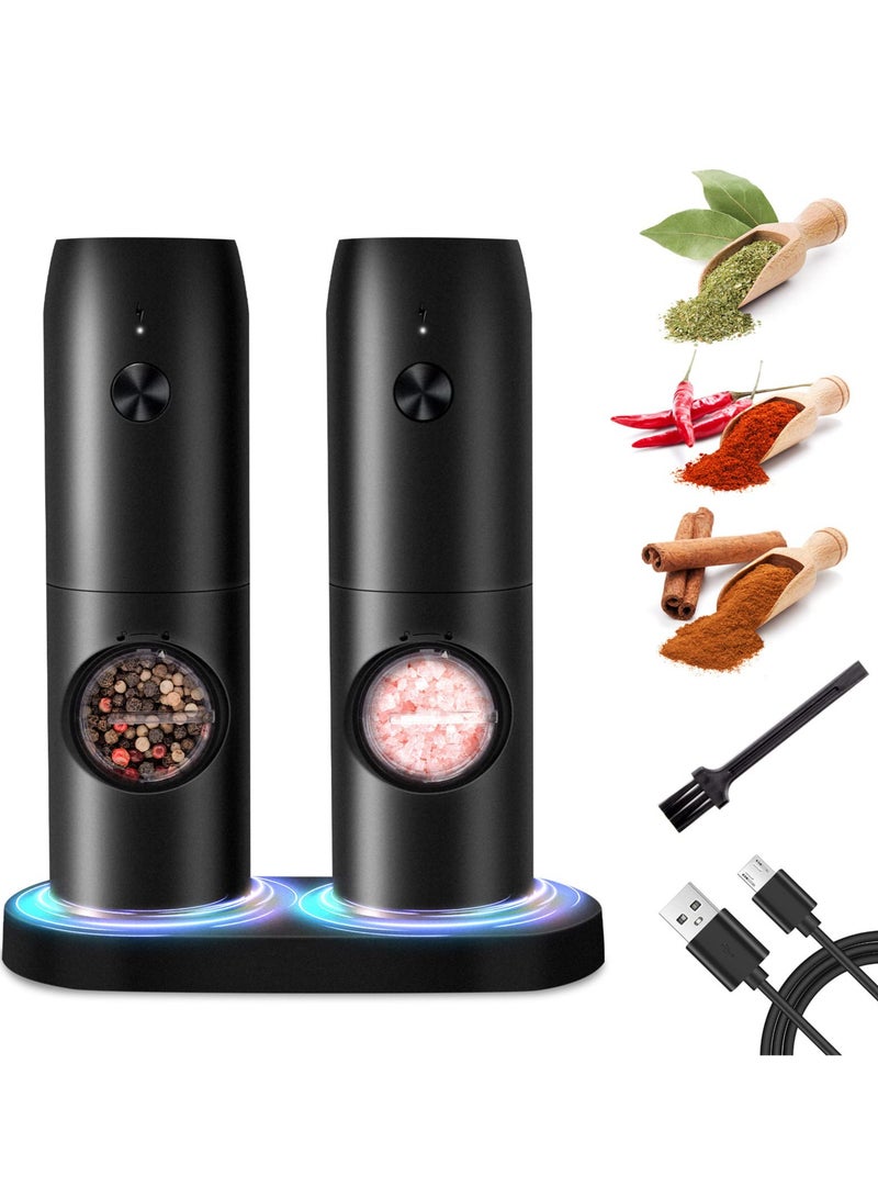 Salt and Pepper Mill Electric Set of 2 with Rechargeable Base, Adjustable Coarseness Spice Mill, Automatic Grinding, LED Light with Cleaning Brush for BBQ Restaurant Kitchen
