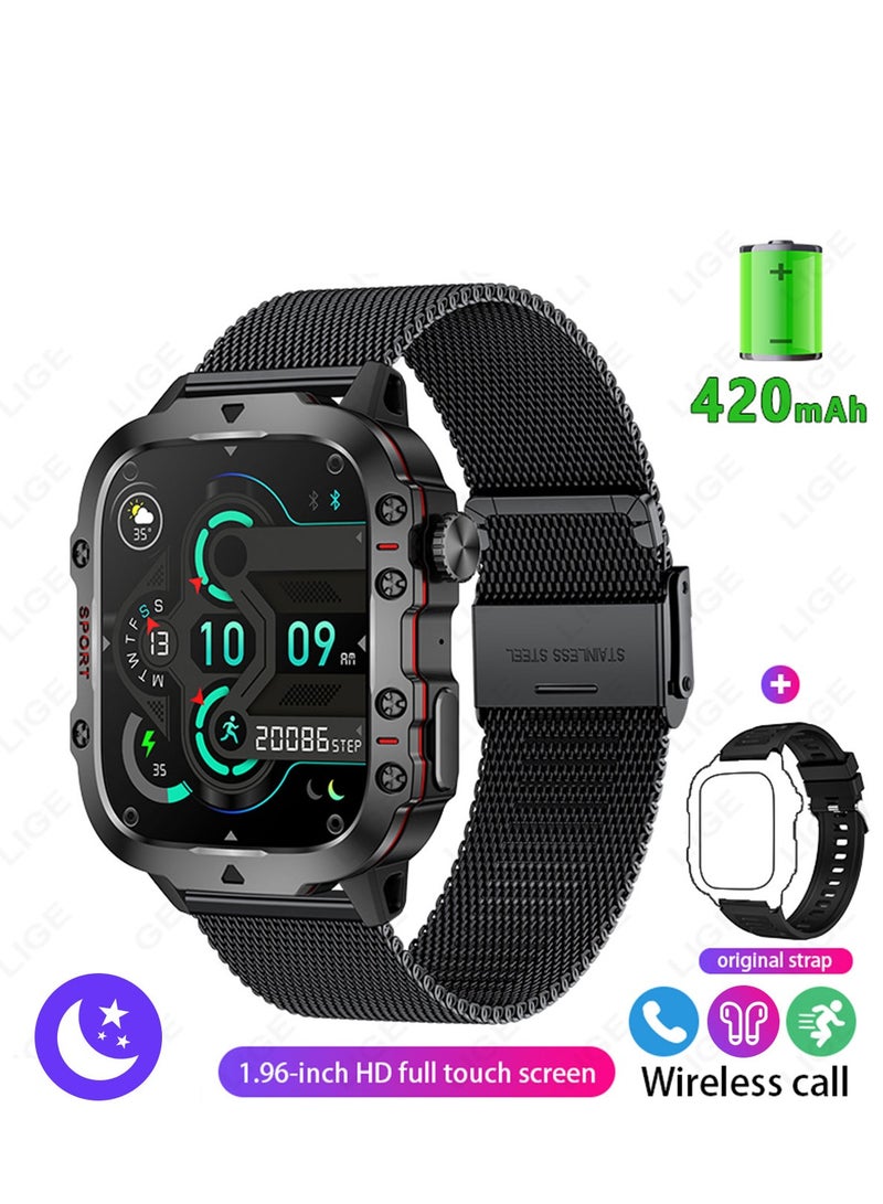 LIGE 1.96 HD Screen 420 mAh Sports Smart Watch Men Waterproof Bluetooth Calling Health Monitoring 100+ Sports Mode Men Smart Watches Black