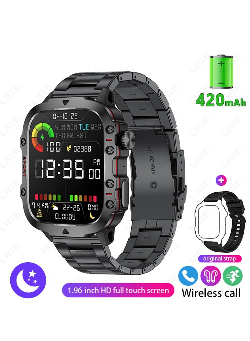LIGE 1.96 HD Screen 420 mAh Sports Smart Watch Men Waterproof Bluetooth Calling Health Monitoring 100+ Sports Mode Men Smart Watches Steel Black