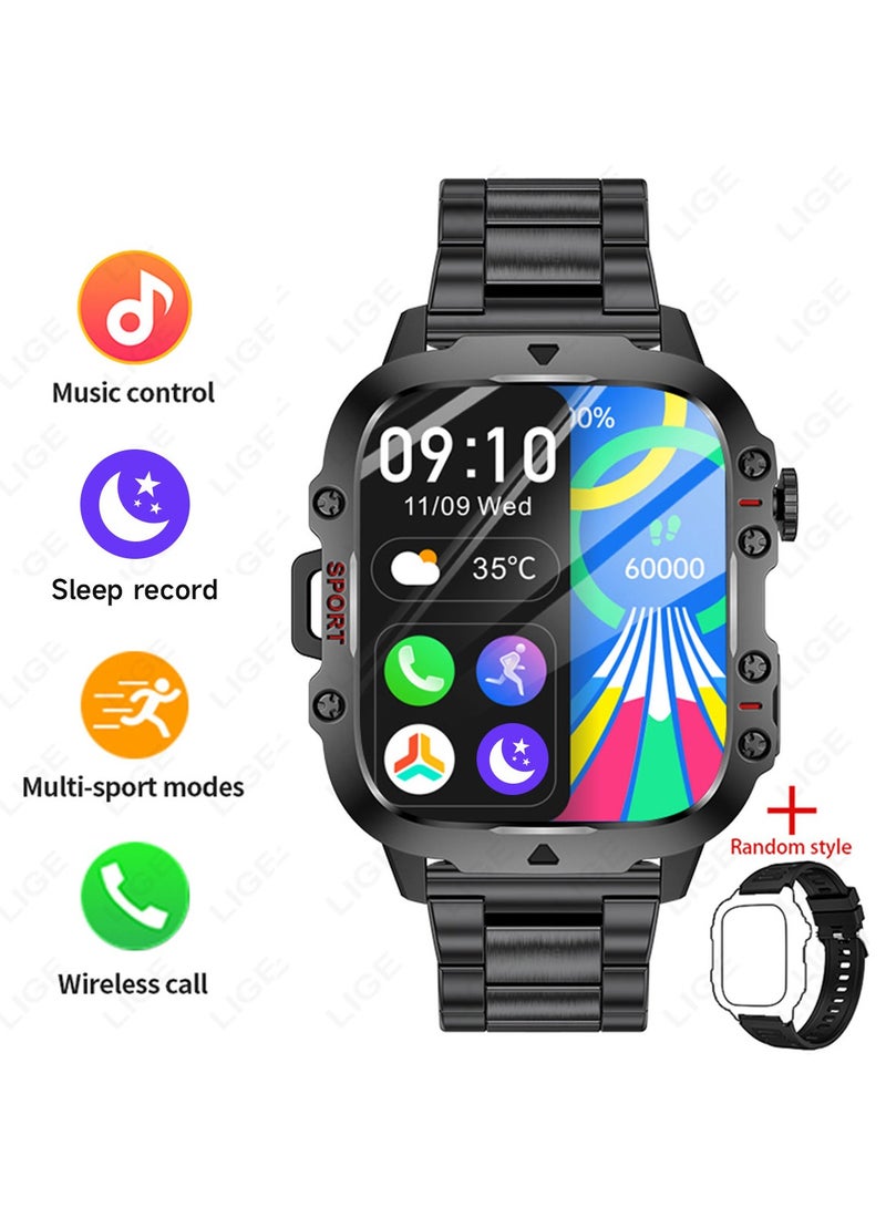 LIGE 1.96 HD Screen 420 mAh Sports Smart Watch Men Waterproof Bluetooth Calling Health Monitoring 100+ Sports Mode Men Smart Watches Steel Black