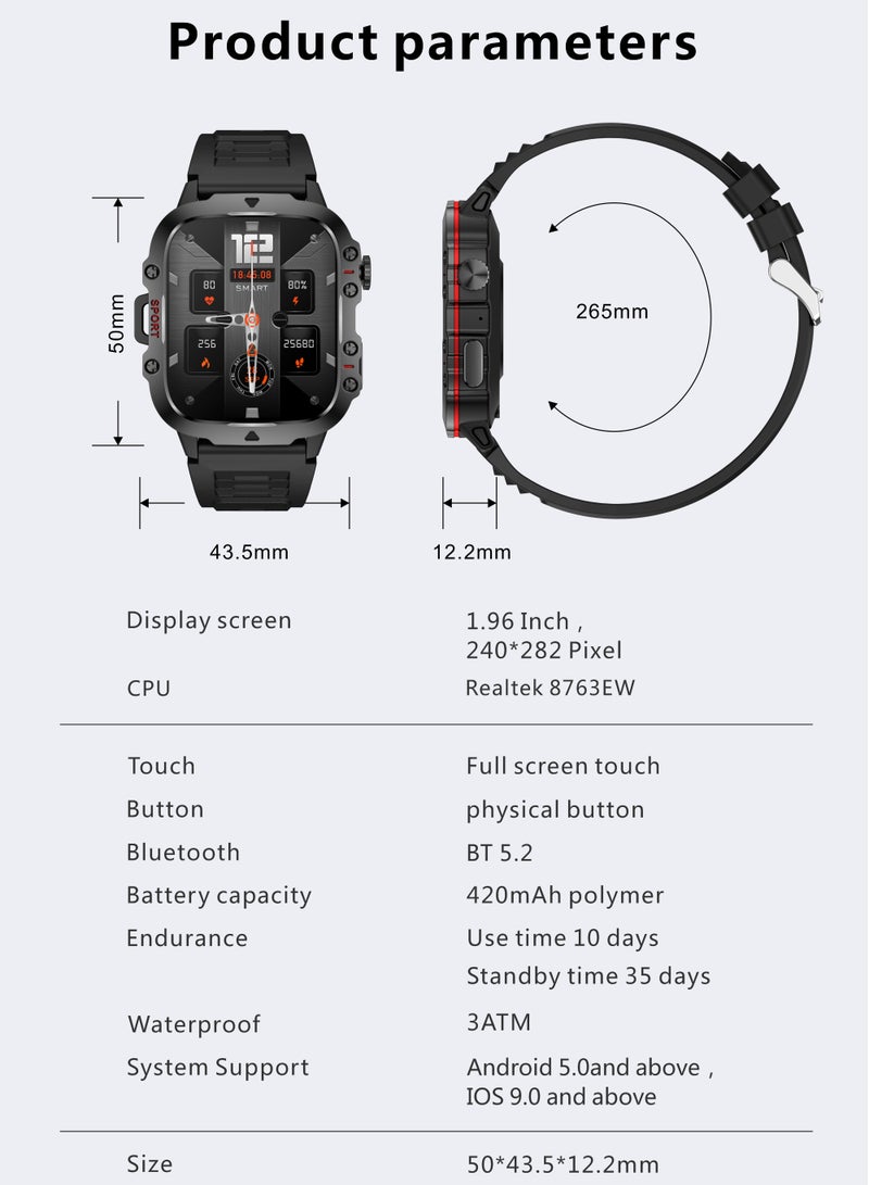 LIGE 1.96 HD Screen 420 mAh Sports Smart Watch Men Waterproof Bluetooth Calling Health Monitoring 100+ Sports Mode Men Smart Watches Steel Black