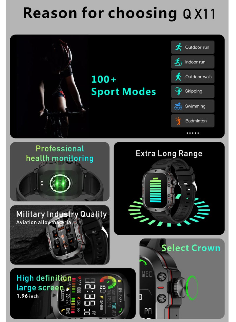 LIGE 1.96 HD Screen 420 mAh Sports Smart Watch Men Waterproof Bluetooth Calling Health Monitoring 100+ Sports Mode Men Smart Watches Steel Black
