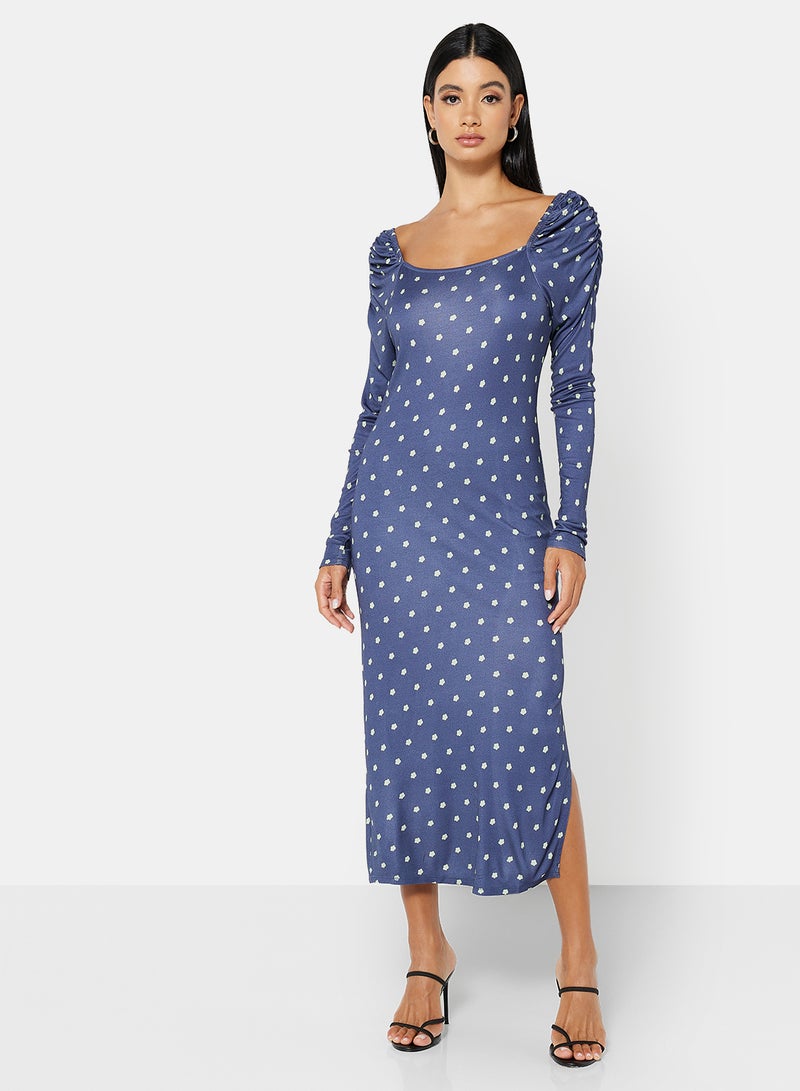 Floral Print Midi Dress Blue