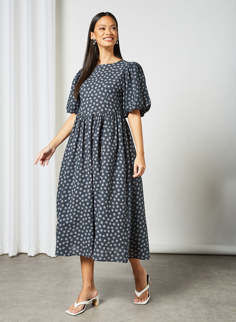 Floral Puff Sleeve Dress Blue