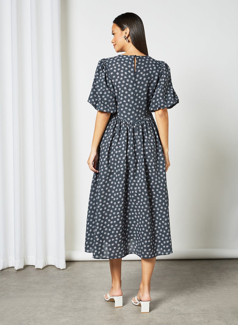 Floral Puff Sleeve Dress Blue