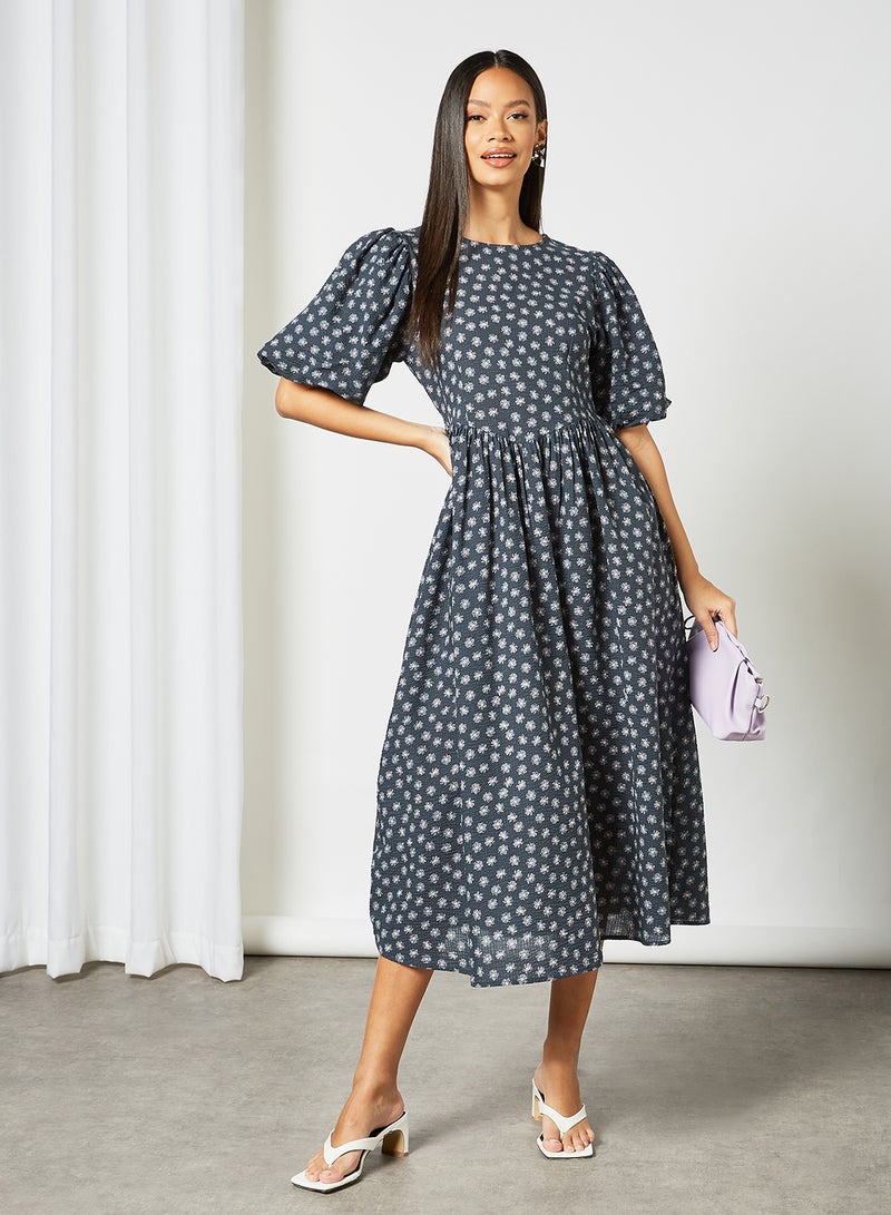 Floral Puff Sleeve Dress Blue