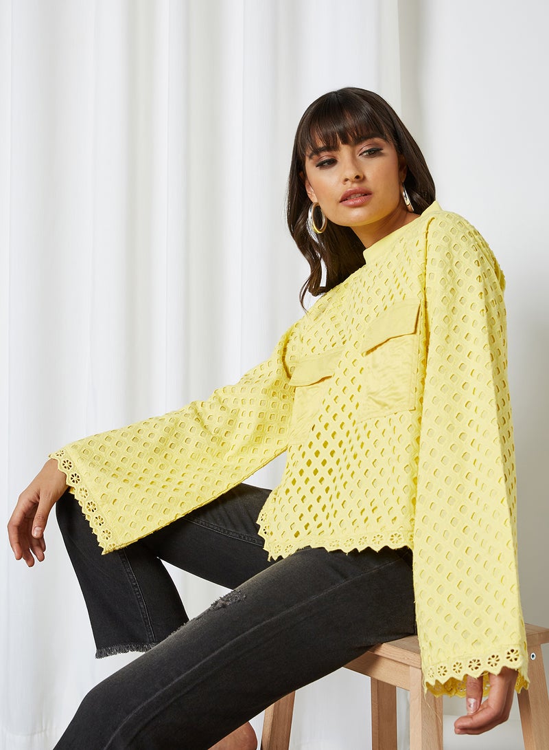 Lace Pattern Bell Sleeve Blouse Yellow