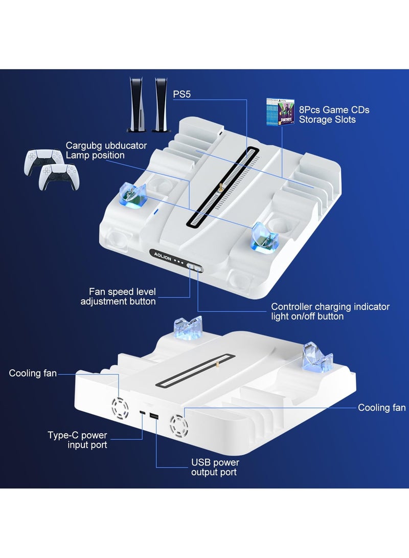 Sony 5 Playstation 5 Stand with Cooling Station and DualSense Controller Charging Station for PS5 SLIM/PRO/DE/UHD, PS5 Cooling Fan with 8 CD holder and 3 Adjustable Fan Speeds (White)