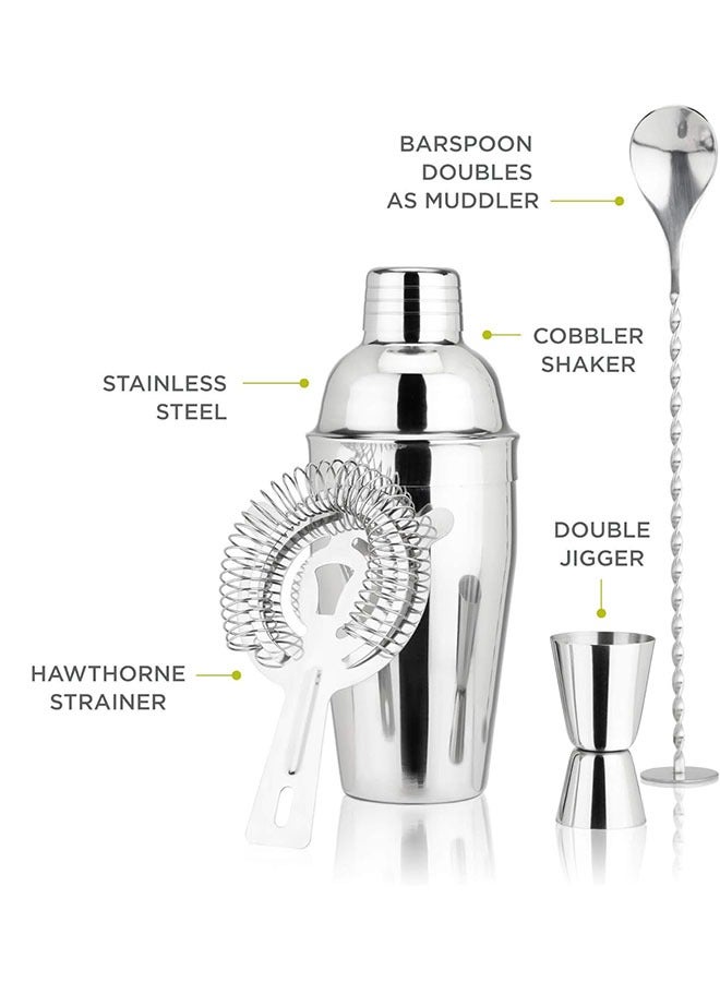 4-Piece Stainless Steel Shaker Set 750ml, Accessories Bar Spoon , Strainer, Measuring Jigger Beverages Mixer Set