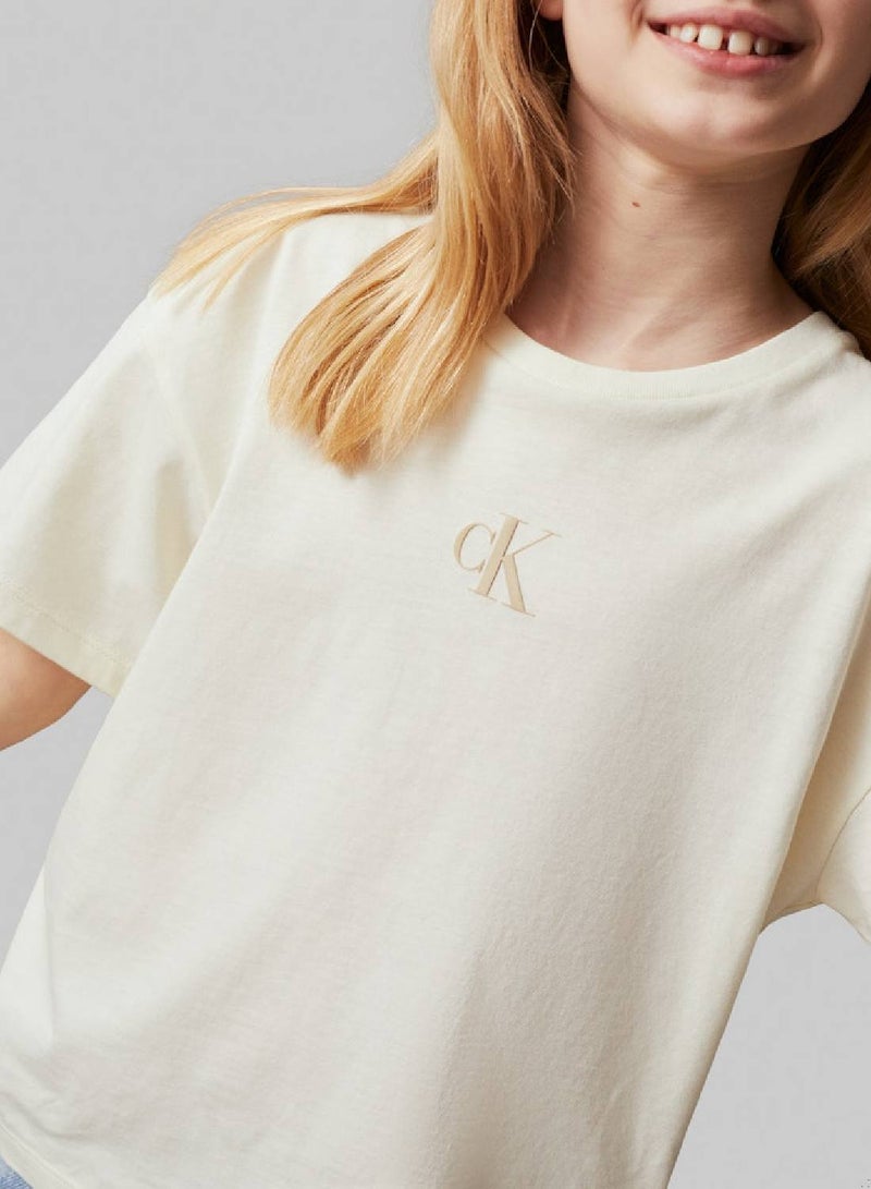 Girls' Boxy Logo T-Shirt - Cotton jersey, White