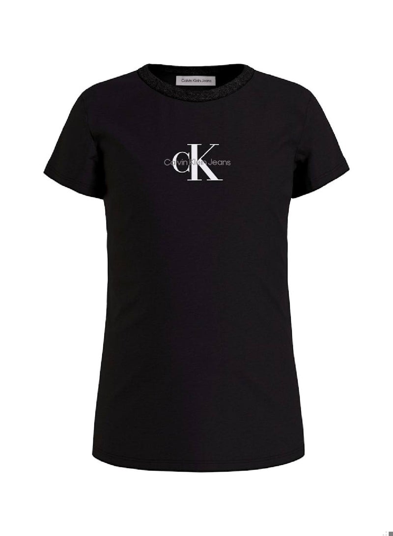 Girls' Slim Logo T-Shirt - Cotton jersey, Black